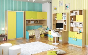 Детская комната Смайли (Желтый/Голубой/Зеленый/корпус Клен) в Болотном - bolotnoe.mebel54.com | фото