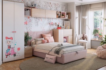 Комплект детской мебели Алина К2 Дуб мария/белый/нежно-розовый велюр в Болотном - bolotnoe.mebel54.com | фото