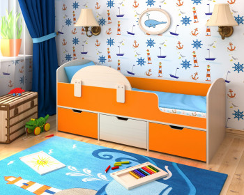 Кровать Малыш-мини с бортиком Дуб молочный/Оранжевый в Болотном - bolotnoe.mebel54.com | фото