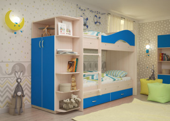 Кровать Мая двухъярусная с ящиками и шкафом Млечный дуб/Голубой в Болотном - bolotnoe.mebel54.com | фото