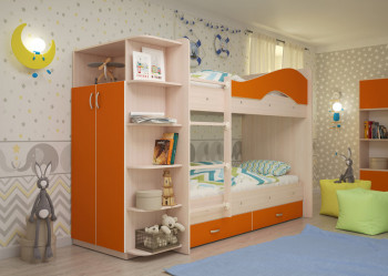 Кровать Мая двухъярусная с ящиками и шкафом Млечный дуб/Оранжевый в Болотном - bolotnoe.mebel54.com | фото