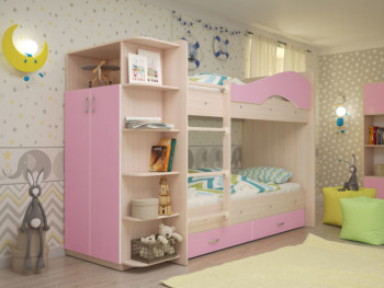 Кровать Мая двухъярусная с ящиками и шкафом Млечный дуб/Розовый в Болотном - bolotnoe.mebel54.com | фото