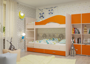 Кровать Мая двухъярусная с ящикамиМлечный дуб/Оранжевый в Болотном - bolotnoe.mebel54.com | фото