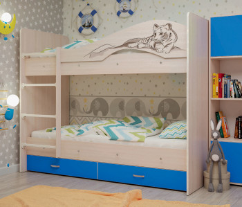 Кровать Мая-Сафари двухъярусная с ящикамиМлечный дуб/Голубой в Болотном - bolotnoe.mebel54.com | фото