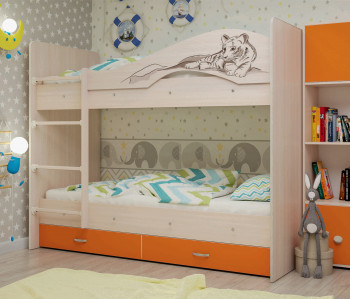 Кровать Мая-Сафари двухъярусная с ящикамиМлечный дуб/Оранжевый в Болотном - bolotnoe.mebel54.com | фото