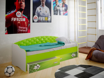 Кровать Софа-8 с мягкой спинкой фотопечать Футбол (900х1900) Белый/Лайм в Болотном - bolotnoe.mebel54.com | фото