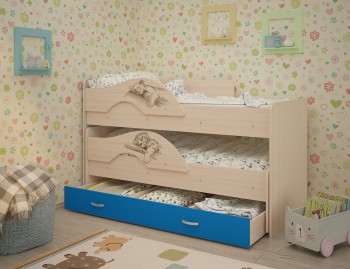 Кровать выкатная Радуга-Сафари детская 1600 Млечный дуб/Голубой в Болотном - bolotnoe.mebel54.com | фото