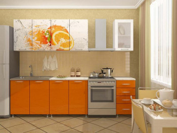 Кухонный гарнитур 1,6м Апельсин (Белый/Оранжевый металлик/Фотопечать апельсин) в Болотном - bolotnoe.mebel54.com | фото